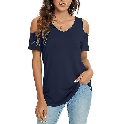 Ladies T-shirt Cold Shoulder Summer Tops Short Sleeve T Shirt Loose Tee Casual Pullover