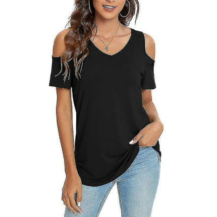 Ladies T-shirt Cold Shoulder Summer Tops Short Sleeve T Shirt Loose Tee Casual Pullover