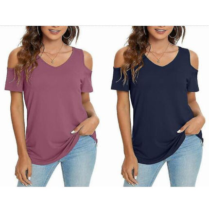 Ladies T-shirt Cold Shoulder Summer Tops Short Sleeve T Shirt Loose Tee Casual Pullover