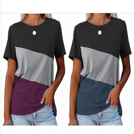 Women Fashion Color Matching Tunic Ladies Summer Comfy Short Sleeve T-shirt