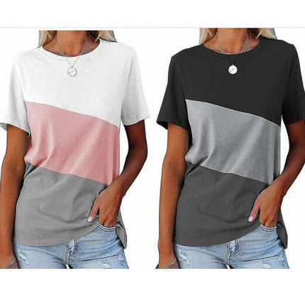 Women Fashion Color Matching Tunic Ladies Summer Comfy Short Sleeve T-shirt