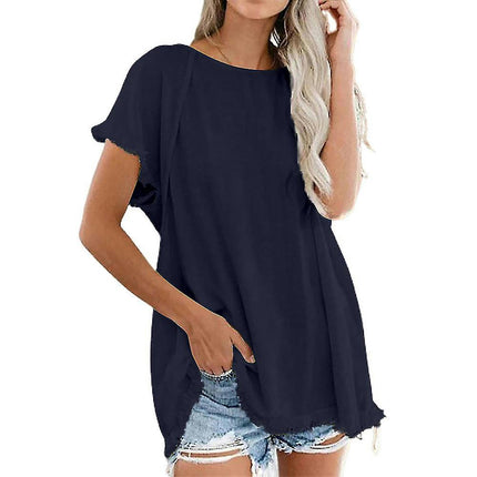 Ladies Tops Summer Short Sleeve Crew Neck T-shirts Soft Loose Hem Top