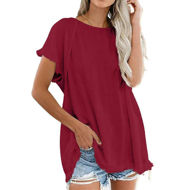 Ladies Tops Summer Short Sleeve Crew Neck T-shirts Soft Loose Hem Top