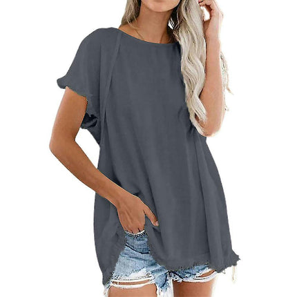 Ladies Tops Summer Short Sleeve Crew Neck T-shirts Soft Loose Hem Top