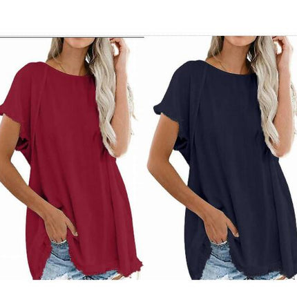 Ladies Tops Summer Short Sleeve Crew Neck T-shirts Soft Loose Hem Top