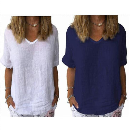 Lady Summer Plain Short Sleeve T-shirts V-neck Casual Top