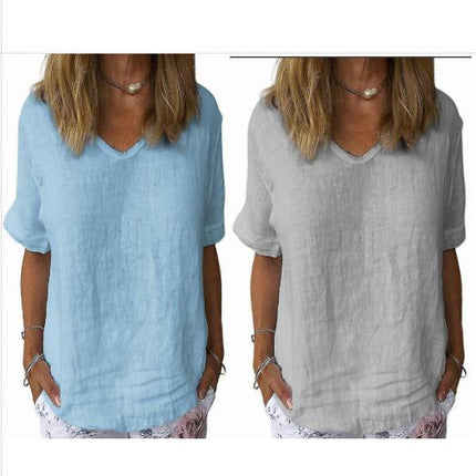 Lady Summer Plain Short Sleeve T-shirts V-neck Casual Top