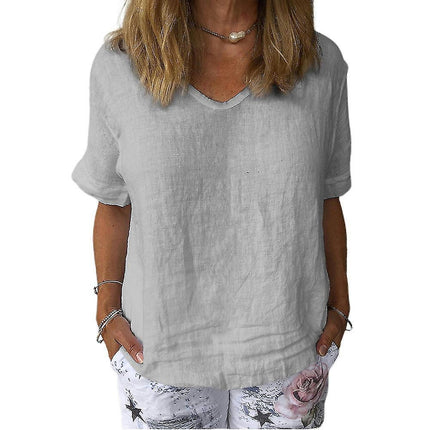 Lady Summer Plain Short Sleeve T-shirts V-neck Casual Top