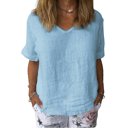 Lady Summer Plain Short Sleeve T-shirts V-neck Casual Top