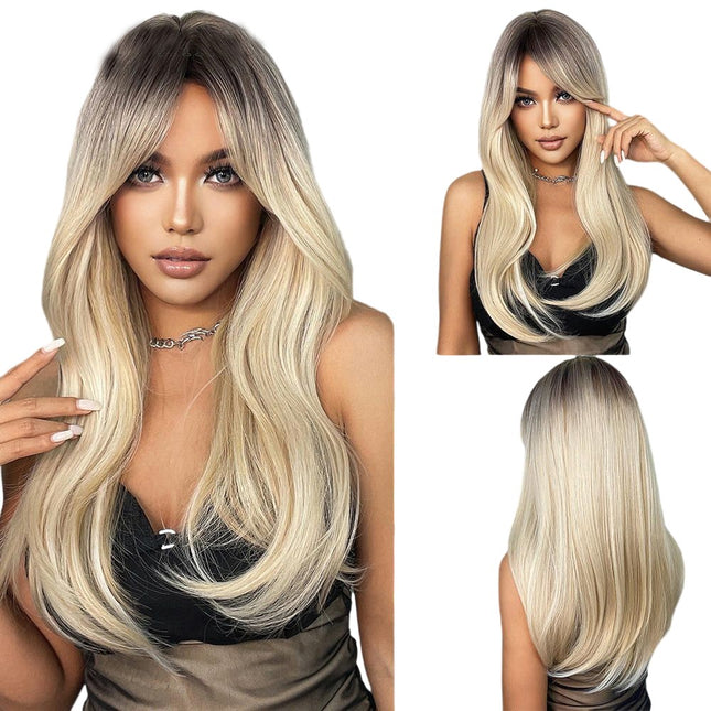 Ombre Blonde Wigs for Women Long Curly Wig with Bangs Synthetic Hair Wigs for Daily Party Cosplay