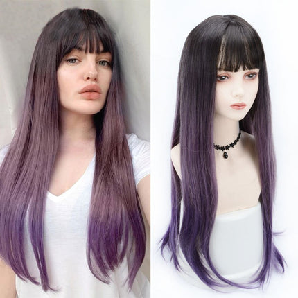 Gradient Color Long Straight Hair Wig for Women Bangs Long Hair Lace Front Wigs, Wigs with Synthetic