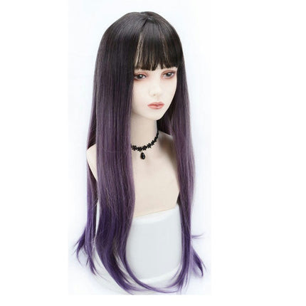 Gradient Color Long Straight Hair Wig for Women Bangs Long Hair Lace Front Wigs, Wigs with Synthetic