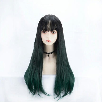 Gradient Color Long Straight Hair Wig for Women Bangs Long Hair Lace Front Wigs, Wigs with Synthetic