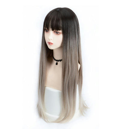 Gradient Color Long Straight Hair Wig for Women Bangs Long Hair Lace Front Wigs, Wigs with Synthetic