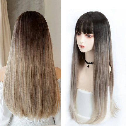 Gradient Color Long Straight Hair Wig for Women Bangs Long Hair Lace Front Wigs, Wigs with Synthetic