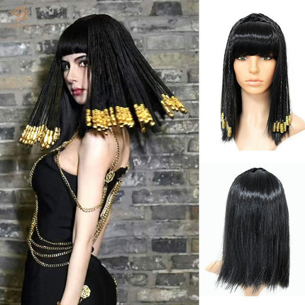 Wigs for Women, Women's Ancient Egyptian Black Wig with Braids and Gold Cleopatra Wig