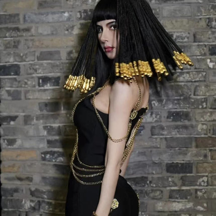 Wigs for Women, Women's Ancient Egyptian Black Wig with Braids and Gold Cleopatra Wig