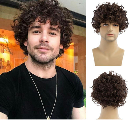 Wigs for Fluffy Short Wig Brown Curly Mens Wigs with Bangs Synthetic Hair Natural Wigs for Men