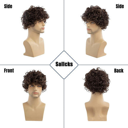 Wigs for Fluffy Short Wig Brown Curly Mens Wigs with Bangs Synthetic Hair Natural Wigs for Men