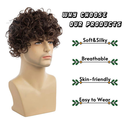 Wigs for Fluffy Short Wig Brown Curly Mens Wigs with Bangs Synthetic Hair Natural Wigs for Men