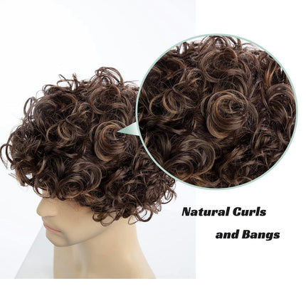 Wigs for Fluffy Short Wig Brown Curly Mens Wigs with Bangs Synthetic Hair Natural Wigs for Men