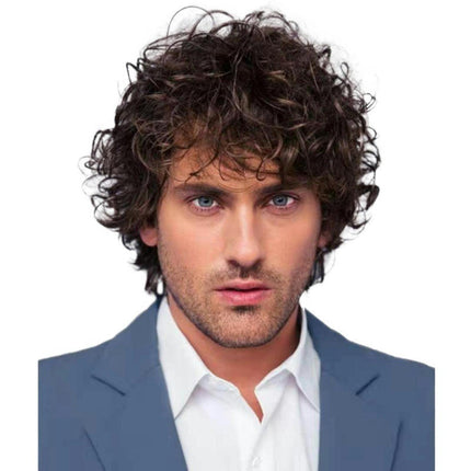 Mens Short Curly Wig with Bangs Synthetic Halloween Party Natural Daily Hair Wig for Men Guys