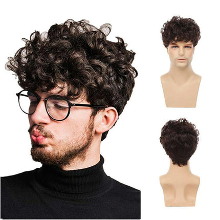 Natural Curly Men's Wig Short Straight Hair Wig Men's Curly Hair Wig Synthetic Wigs with Bangs