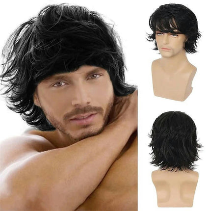 Wig Men's Short Curly Hair With Side Bangs Short Synthetic Wigs with Bangs for Men Natural Wig