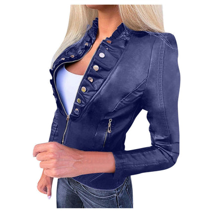 Women's Faux Leather Short Moto Jacket Slim PU Biker Coat