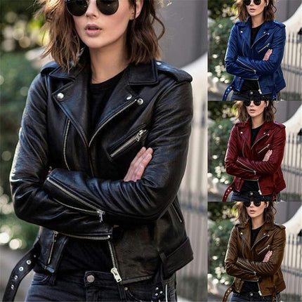 Women's Faux Leather Short Moto Jacket Zip-up Slim PU Biker Coat