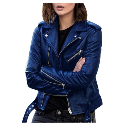 Women's Faux Leather Short Moto Jacket Zip-up Slim PU Biker Coat