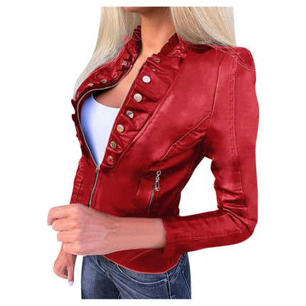 Women's Faux Leather Short Moto Jacket Slim PU Biker Coat