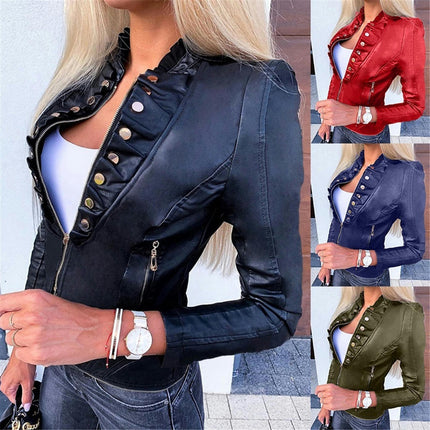 Women's Faux Leather Short Moto Jacket Slim PU Biker Coat