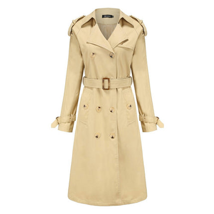 Women's Double Breasted Long Trench Coats Mid-Length Belted Overcoat Dress Jacket