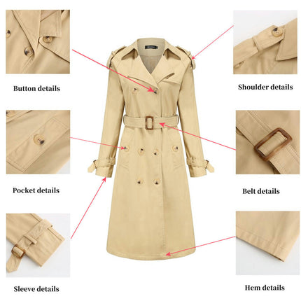 Women's Double Breasted Long Trench Coats Mid-Length Belted Overcoat Dress Jacket