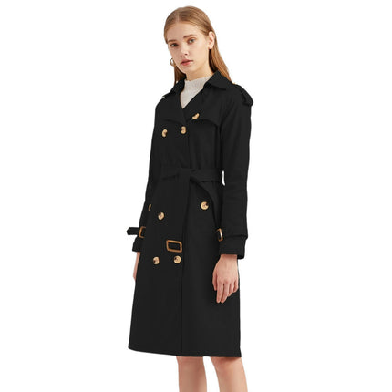 Women's Double Breasted Long Trench Coats Mid-Length Belted Overcoat Dress Jacket