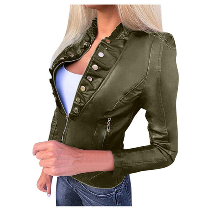 Women's Faux Leather Short Moto Jacket Slim PU Biker Coat