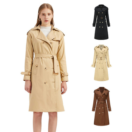 Women's Double Breasted Long Trench Coats Mid-Length Belted Overcoat Dress Jacket