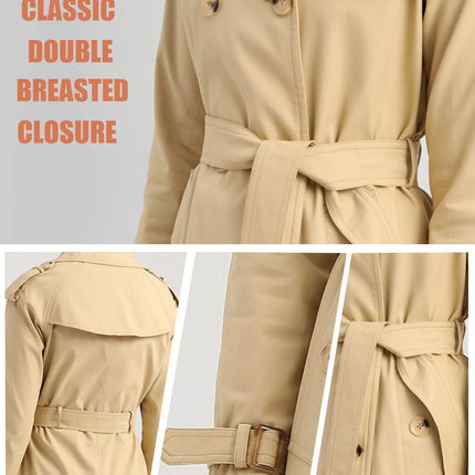 Women's Double Breasted Long Trench Coats Mid-Length Belted Overcoat Dress Jacket