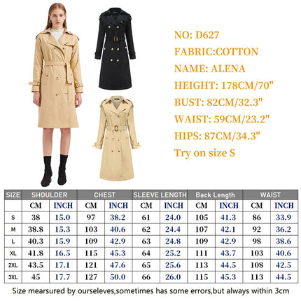 Women's Double Breasted Long Trench Coats Mid-Length Belted Overcoat Dress Jacket