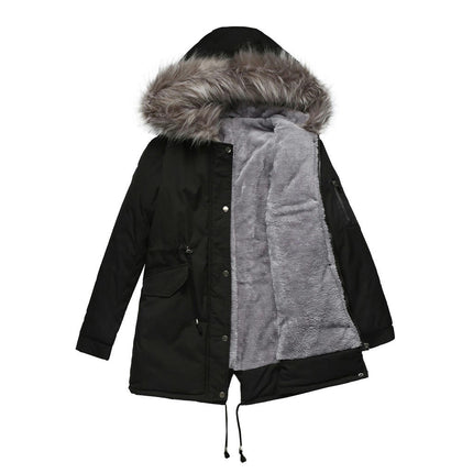 Women's Fur Hood Winter Parka Thicken Hooded Jacket Coat with Fleece Lined