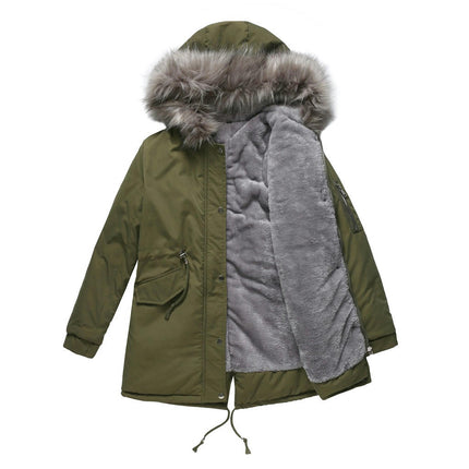 Women's Fur Hood Winter Parka Thicken Hooded Jacket Coat with Fleece Lined