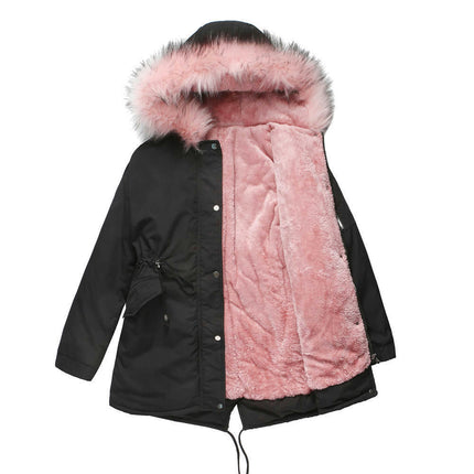 Women's Fur Hood Winter Parka Thicken Hooded Jacket Coat with Fleece Lined