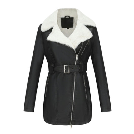 Women's Trench Coat Faux Leather Jackets Winter Long Sleeve Outwear with Sherpa-Lined