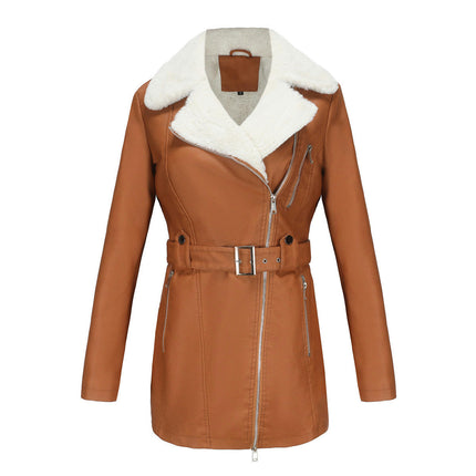 Women's Trench Coat Faux Leather Jackets Winter Long Sleeve Outwear with Sherpa-Lined