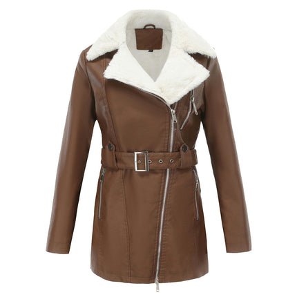 Women's Trench Coat Faux Leather Jackets Winter Long Sleeve Outwear with Sherpa-Lined