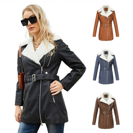 Women's Trench Coat Faux Leather Jackets Winter Long Sleeve Outwear with Sherpa-Lined