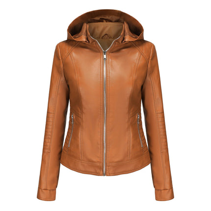 Women's Faux Leather Jacket Motorcycle Coat with Removable Hood-A1