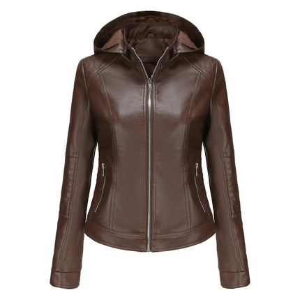 Women's Faux Leather Jacket Motorcycle Coat with Removable Hood-A1