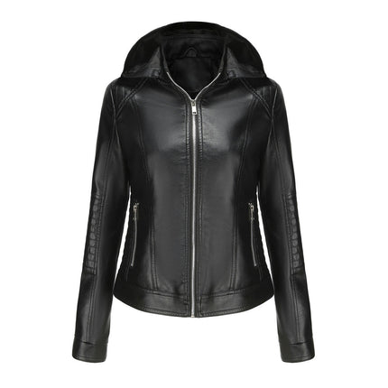 Women's Faux Leather Jacket Motorcycle Coat with Removable Hood-A1